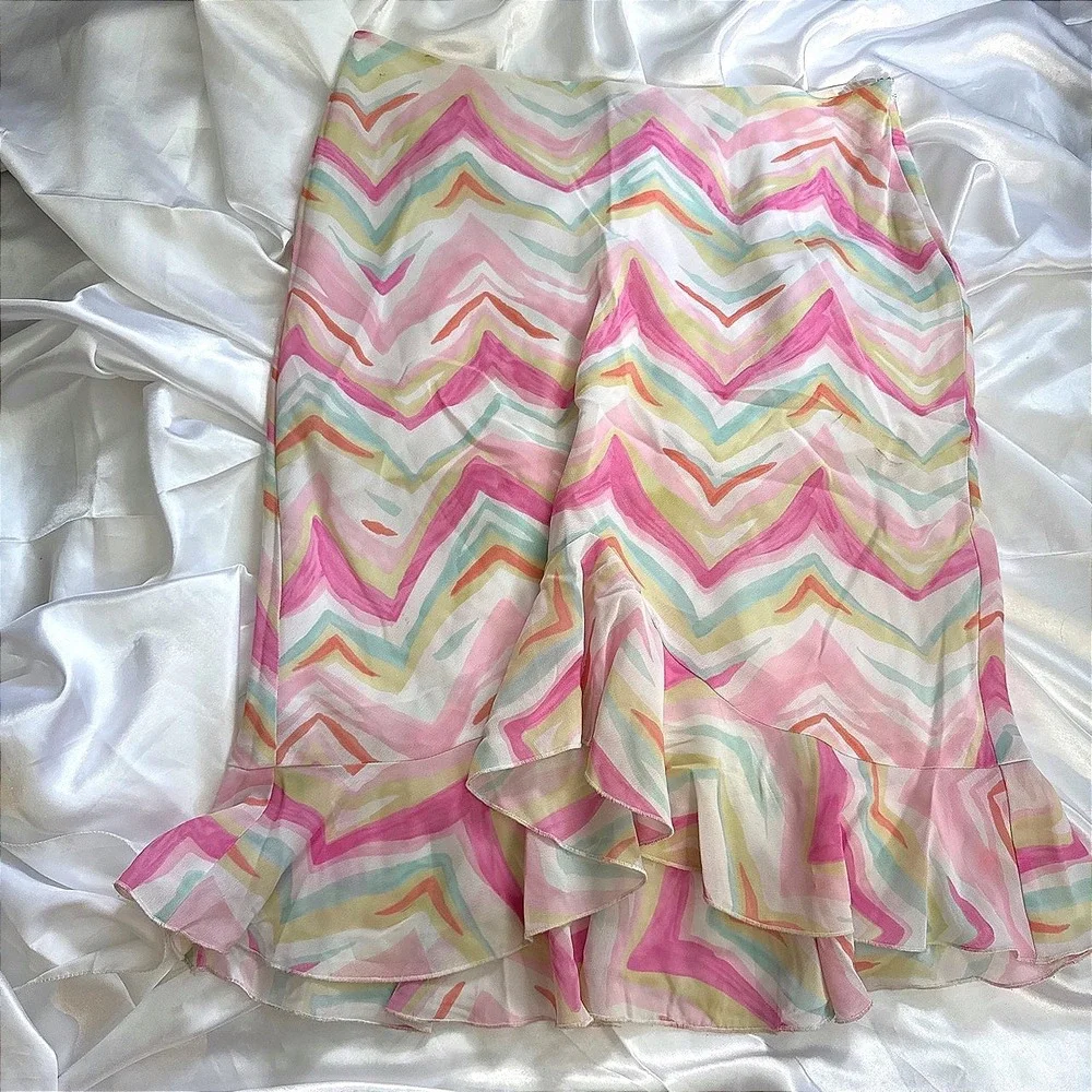 New York & Company Pastel Chevron Ruffle Hem Midi Skirt Pink Yellow Green 12 - Picture 2 of 5